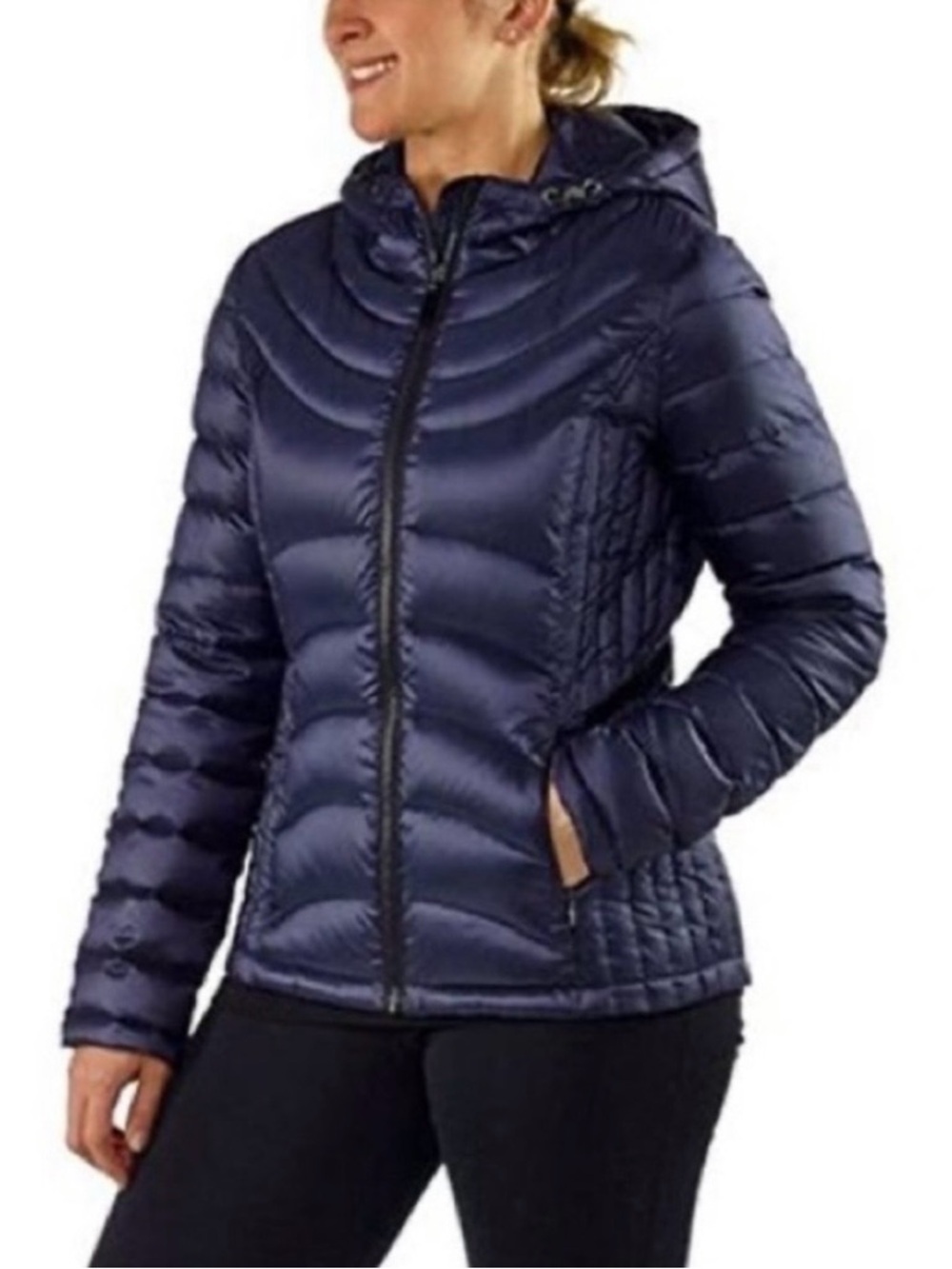 Andrew Marc Puffer Jacket Lightweight Packable Down Hooded Navy Blue Size Small